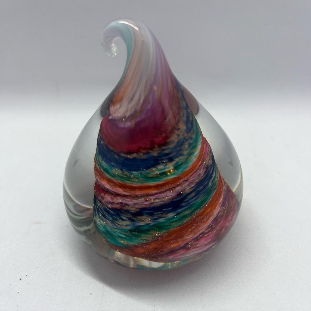 Handblown WV-Glass Dimensions teardrop rainbow swirl paperweight - Picture 2 of 9